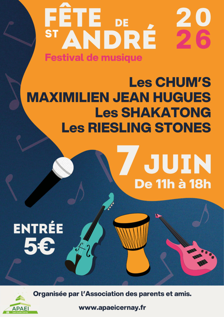 Affiche de la Fête de Saint-André 2026, festival de musique le 7 juin de 11h à 18h avec les Chum’s, Maximilien Jean Hugues, les Shakatong et les Riesling Stones