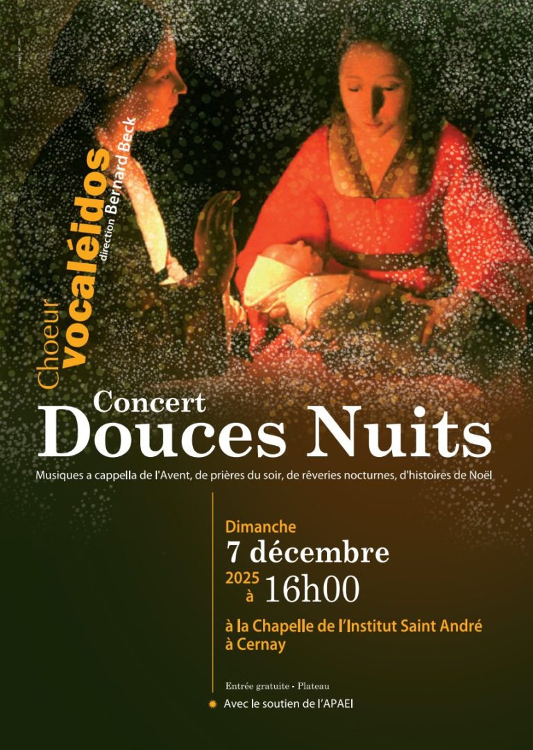 Affiche du concert Douces Nuits du chœur Vocaléidos, dimanche 7 décembre 2025 à 16h à la chapelle de l’Institut Saint-André de Cernay