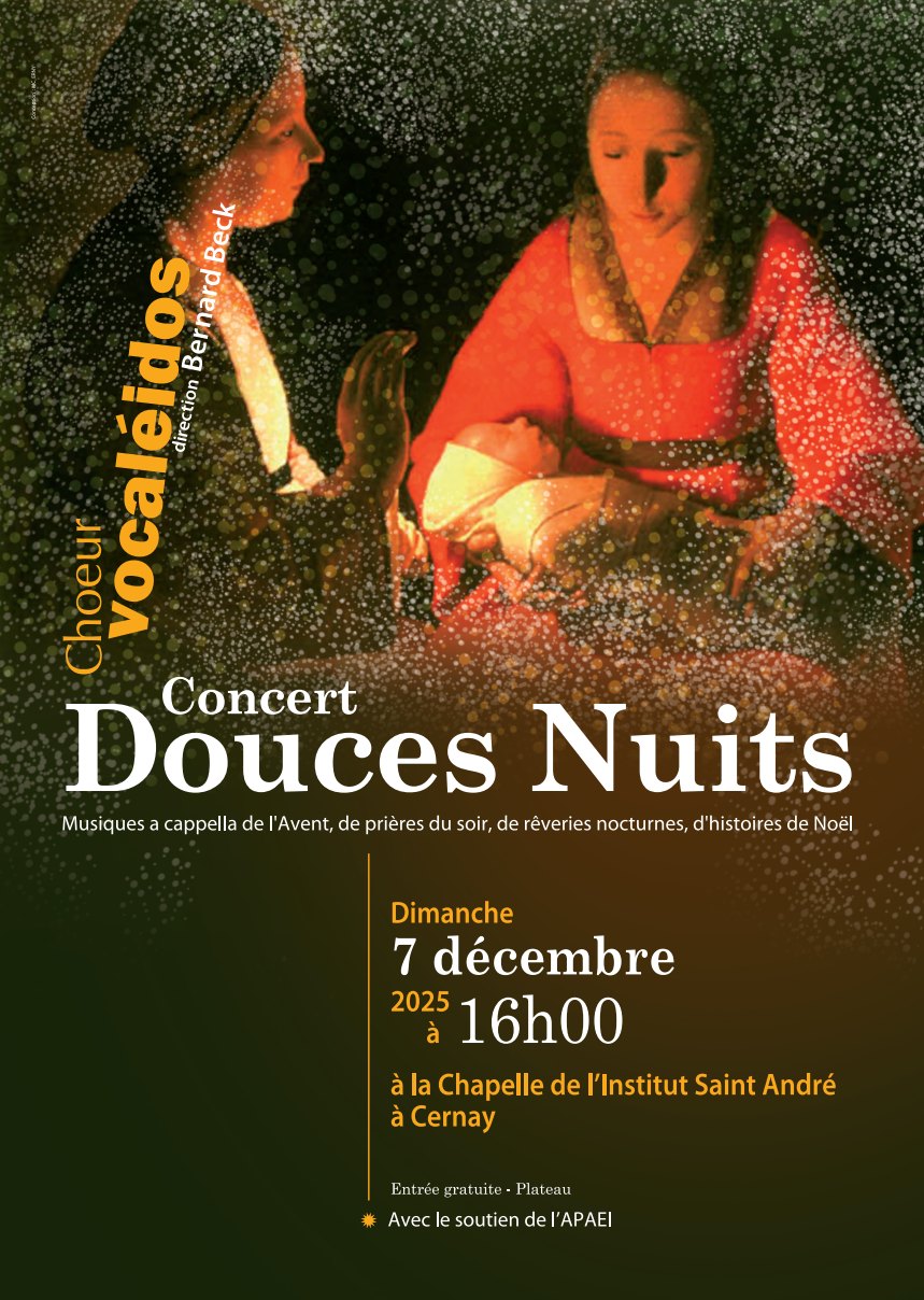 Affiche du concert Douces Nuits du chœur Vocaléidos, dimanche 7 décembre 2025 à 16h à la chapelle de l’Institut Saint-André de Cernay
