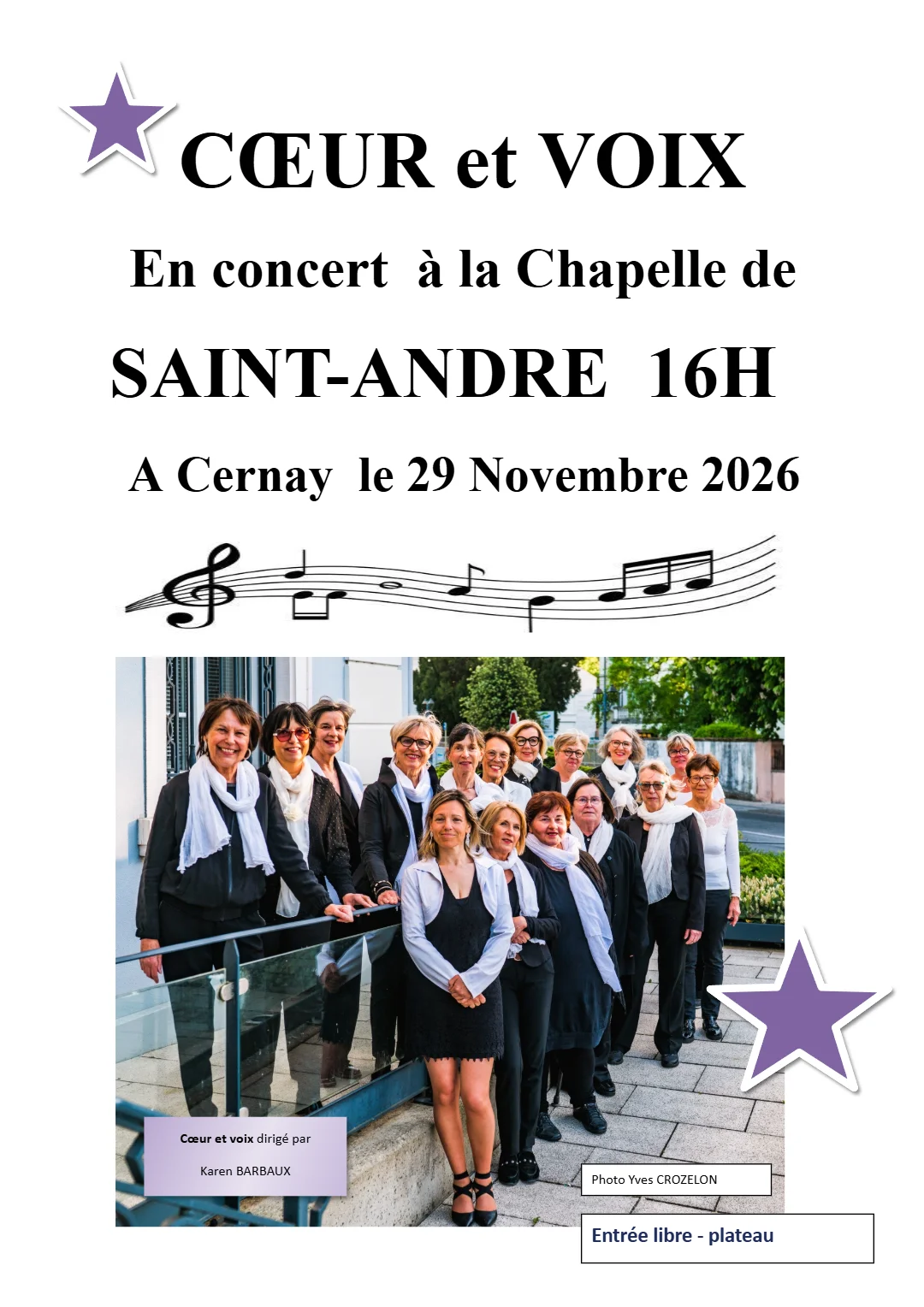Affiche du concert de la chorale Cœur et Voix, dimanche 29 novembre 2026 à 16h à la chapelle Saint-André de Cernay, entrée libre avec plateau